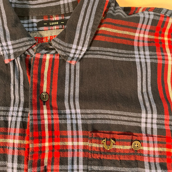 True Religion Shirt Men's M Button Down Raw Edge Slouch Red Blue Plaid Patriotic - Picture 2 of 11